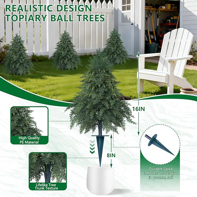 Artificial 26" Cypress Topiary Cedar Trees with Ground Spike, 2 Pieces Fake Pine Shrubs Bushes, UV Resistant Faux Evergreen Tree Plants for Indoor Outdoor Planters Front Porch Christmas