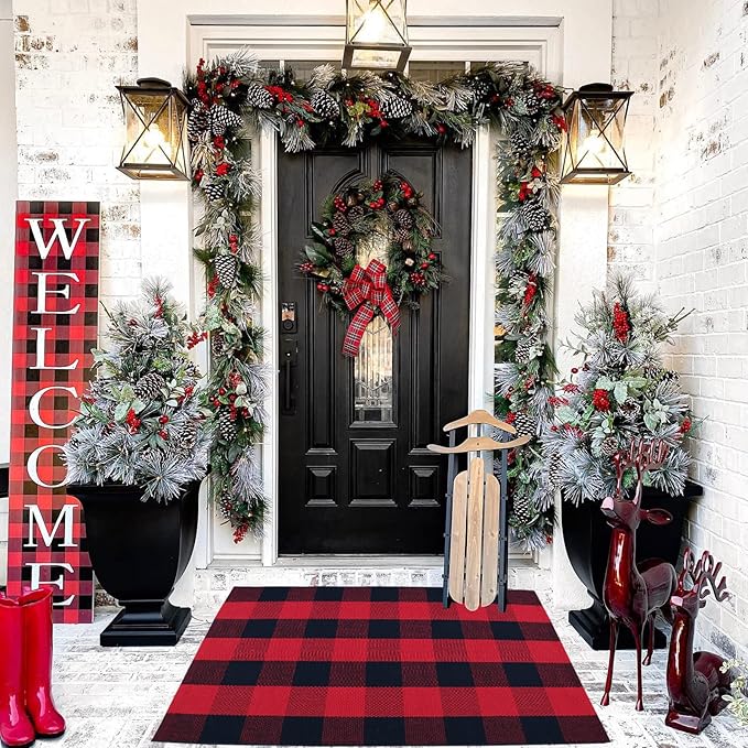 Red and Black Plaid Rug, 2'4" x 3'7" Check Outdoor Front Door Decorative Mat, Cotton Woven Rug for Layered Door Mats Washable Carpet for Porch, Entryway, Farmhouse, Christmas, Halloween