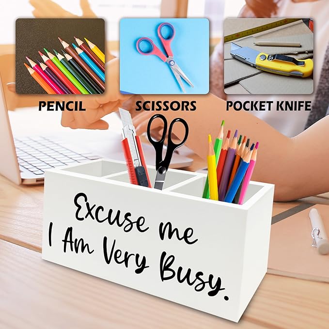 Funny Pen Pencil Holder Organizer for Desk, Funny Office Decor, Excuse Me I Am Very Busy Wooden Box Signs Decorations for Home Workplace Office Desk Tabletop