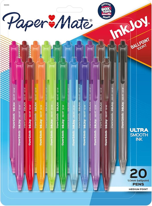 Paper Mate InkJoy 100RT Retractable Ballpoint Pens, Medium Point (1.0mm), Assorted, 20 Count
