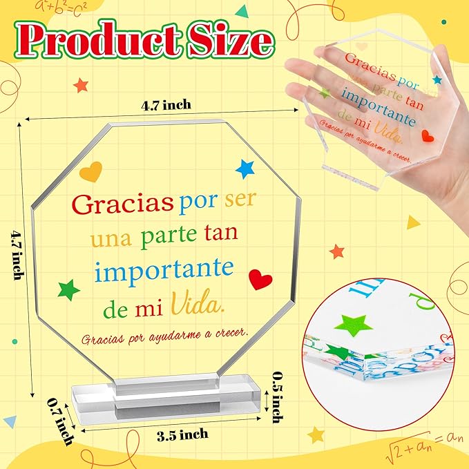 Yopyame Spanish Teacher Appreciation Gift - Regalos para Maestra Acrylic Plaque Octagonal Shape Acrylic Sign for Teacher’s Day Best Gift Keepsake Paperweights Gift for Teacher Birthday Gift in Spanish
