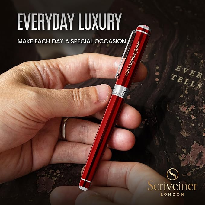 Scriveiner Personalized Deep Crimson Red Pen - Stunning Red Lacquer Luxury Pen with Chrome Finish, Schmidt Ink Refill, Best Engraved Roller Ball Gift Set for Men & Women, Custom Name Engraving
