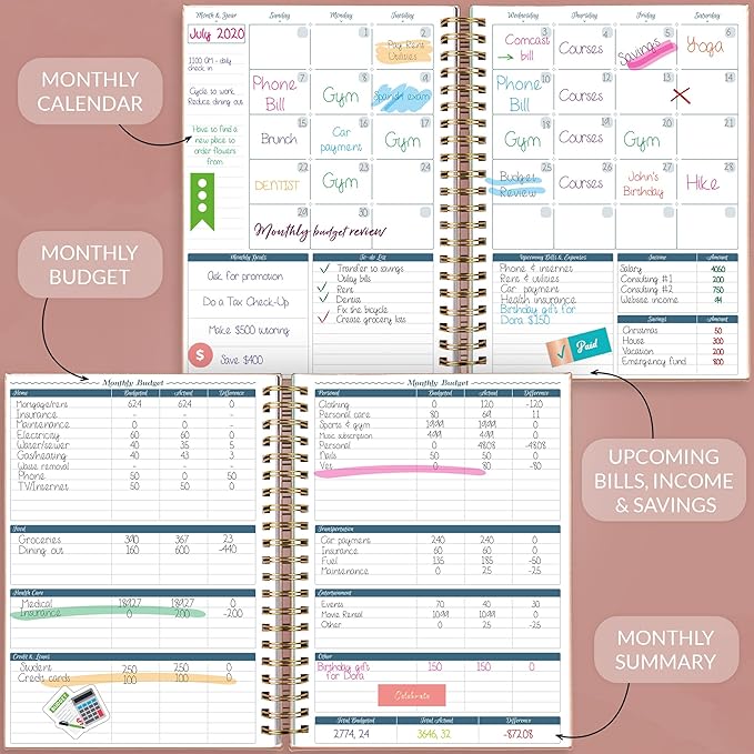 GoGirl Budget Planner & Monthly Bill Organizer – Monthly Financial Book with Pockets. Expense Tracker Notebook Journal, Large (Rose Gold)