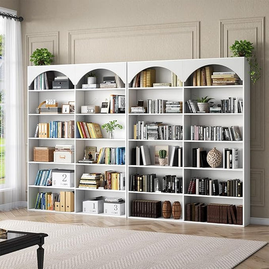 70.8’’ Tall Bookshelf and Bookcase of 2 pcs, 7-Tier Double Wide Bookcase Modern Large Open Display Shelves with Curved Baffle for Home Office Living Room (White-2pcs)