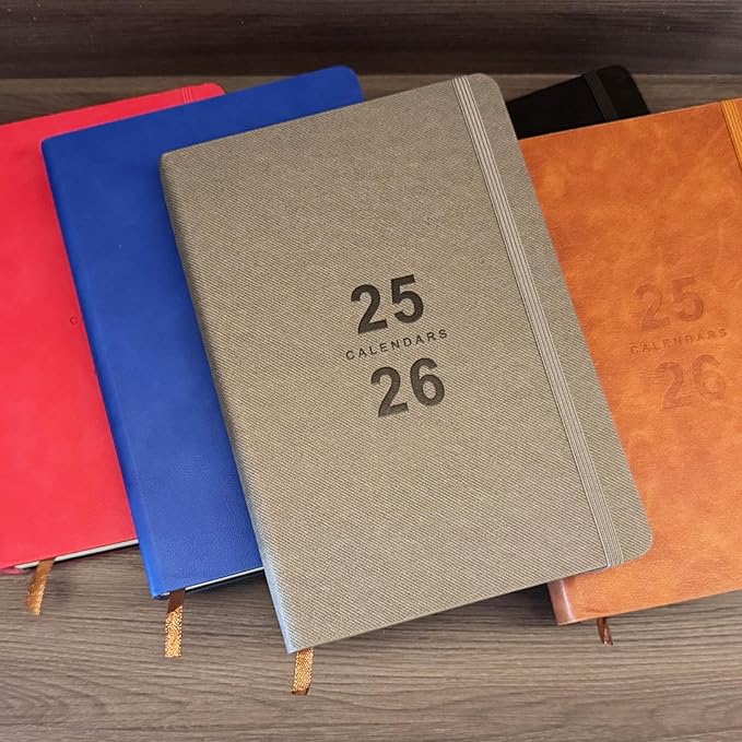 Daily Planner 2025-2026, Academic Planner 2025-2026 Weekly and Monthly Planner, Calendar Book with Hourly Schedule 8.5"x5.8", July 2025 to June 2026, Faux Leather Cover (Red)