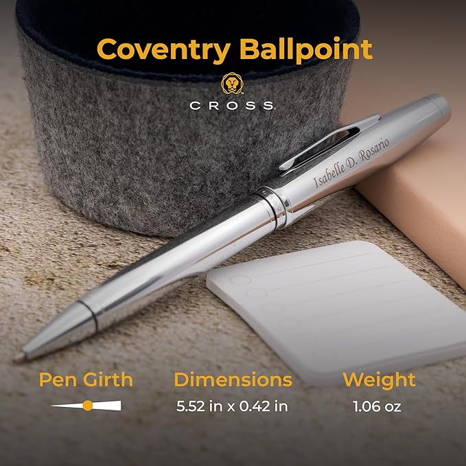 Personalized, Custom Engraved Cross Pen for Men or Women | Cross Coventry Ballpoint Pen | Luxury Gift for Office, Graduation and Business [Lustrous Chrome Finish]