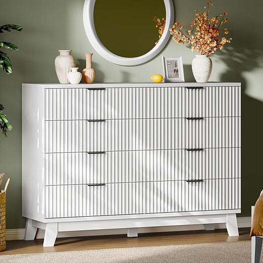 Fluted Dresser with 8 Drawers, 54" Wide Modern Chest of Drawers with Metal Handle, Wooden Dresser TV Stand, Wood Closet Clothes Storage Organizer for Bedroom, Living Room, Hallway, Solid White