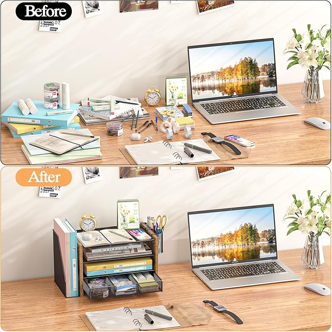 Wooden Desk Organizers and Accessories with File Holder, 4-Tier Paper File Organizer with Drawer & 2 Pen Holders, Office Desk Accessories, Desktop Organizer and Storage for Home Office Supplies