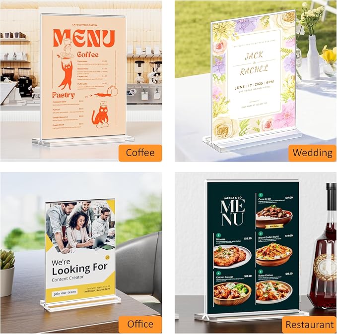 8.5x11 Acrylic Sign Holder 10 Pack, Vertical Double-Sided Display Stand, Clear Sign Holder Plastic Paper Flyer Holder Sign Holders 8.5x11 inches for Restaurants, Office, Store