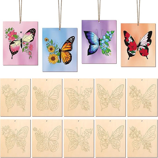 COCHIE 10 Pieces Large Spring Butterfly Unfinished Wood Crafts to Paint for Adults and Kids, Bulk Predrilled Wooden Ornaments for Painting, Butterflies Paintable Wood Slices Craft Supplies with Ropes