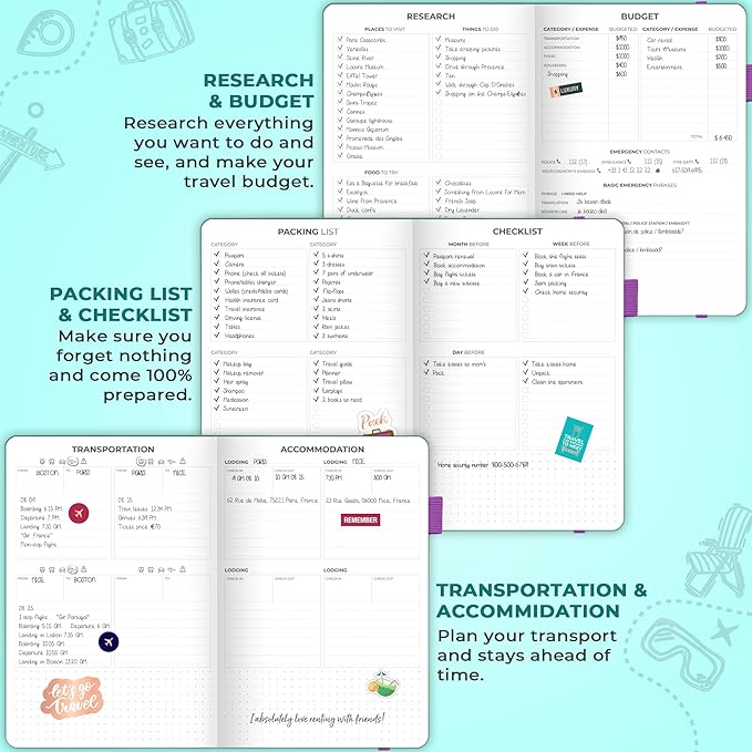 Clever Fox Travel Journal – Vacation & Trip Organizer with Budget Plan, Packing List, Travelling Expense Tracker, A5 (Turquoise)