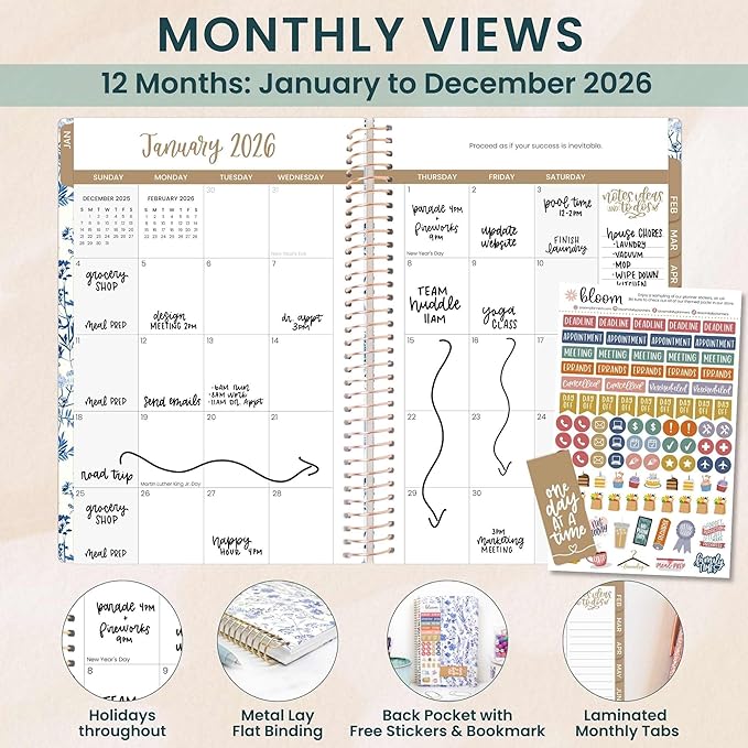 bloom daily planners 2026 Planner (January - December) Calendar Year Organizer - 5.5” x 8.25” - Weekly & Monthly Agenda Book with Stickers & Bookmark - Blue & White Floral