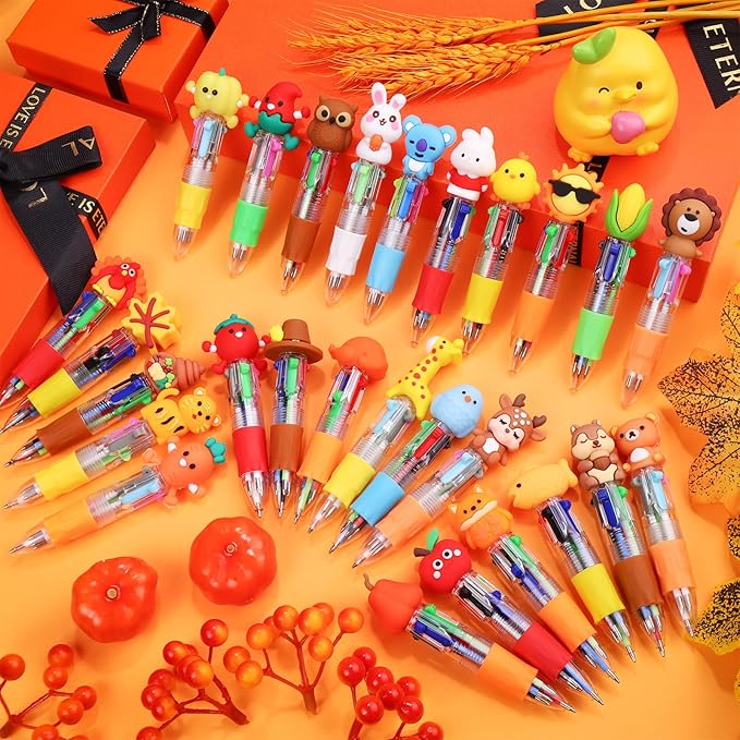 CZWZ 30Pcs Mini Multicolor Pens in One 4-in-1 Cute Pens Bulk for Kids, Ballpoint Pen for Birthdays and Children's Parties, Fun Gifts Assorted Ink Kawaii Pen(Thanksgiving)
