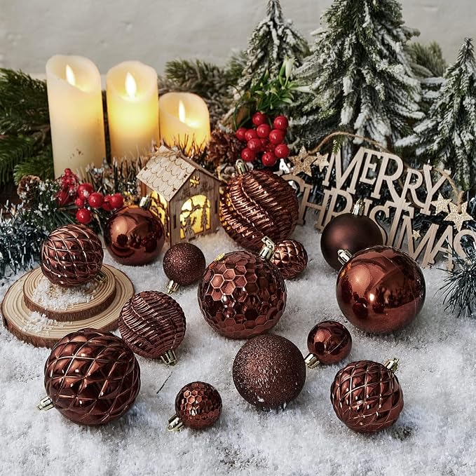 Christmas Balls Ornaments -36pcs Shatterproof Christmas Tree Decorations with Hanging Loop for Xmas Tree Wedding Holiday Party Home Decor,6 Styles in 3 Sizes(Brown)
