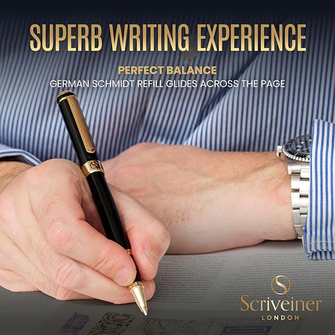Scriveiner Personalized Black Ballpoint Pen - Stunning Luxury Pen, Jet Black Lacquer, Real Gold Plating, Schmidt Ink Refill, Best Engraved Ball Point Gift Set for Men & Women, Custom Name Engraving