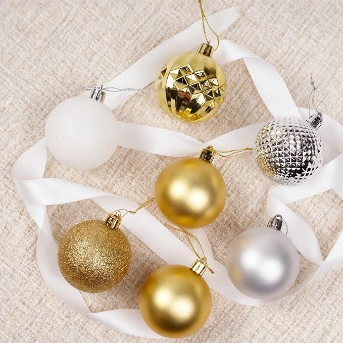 Christmas Tree Decorations Ornament Set, 60ct 2.36 Inches White Sliver and Gold Shatterproof Christmas Ball Ornaments, Hanging Ball for Xmas Holiday Wedding Party Decor