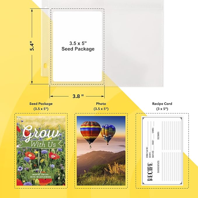 Seed Storage Organizer (50 Sheets, 3.5 x 5 Pockets) - Garden Seed Packet Organizer with 4 Pocket Sheet Protectors for 3 Ring Binders