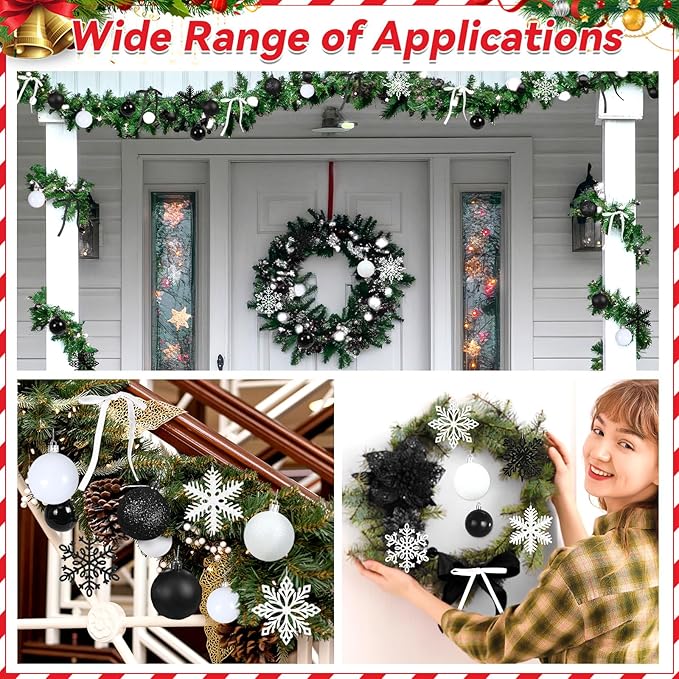 86Pcs Led Light Black and White Christmas Tree Decorations Set 100 Led Light Christmas Star Trees Topper with String Lights Xmas Balls Snowflakes Ornaments Bows Xmas Trees Decor 20m Light String