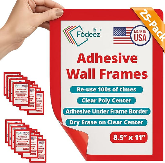 8.5 x 11 Adhesive Wall Frames - Peel & Stick Picture Frames, Wall Sign Holder, Paper & Letter Protector Sheets, Reusable Picture Frame, Dry Erase, Non Magnetic & Non Acryclic - Red, Pack of 25