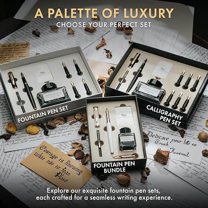 Wordsworth & Black Fountain Pen Set,18K Gilded Medium & Extra Fine Nib,25ML Black Ink Bottle,6 Ink Cartridges,Refill Converter,Gift Box,Smooth Writing Pen [White Rose Gold],Gift Set for Men and Women