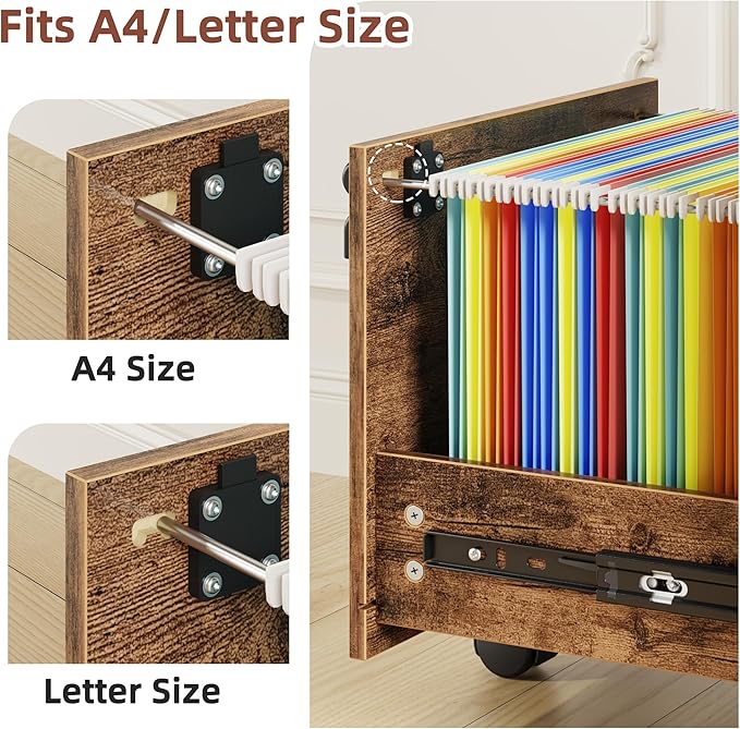 2 Wood Drawer Lockable File Cabinet with 22'' Extended Desktop, Mobile Filing Cabinet with Side Bag, Rolling Printer Stand, Fits A4&Letter Size, Home Office, Rustic Brown