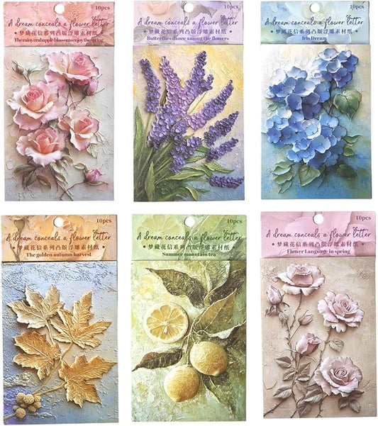 60 Sheets Aesthetic Relief Scrapbook Paper Kit, Vintage Flower Embossed Textured Decorative Collage Paper for Junk Journaling, Scrapbooking, Crafting, DIY Projects, Diaries, and Art Supplies