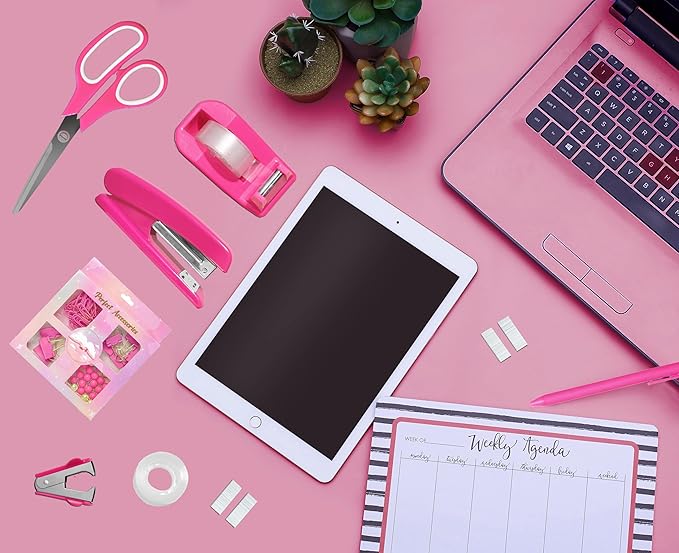 Hot Pink Desk Accessories, Hot Pink Office Supplies 360°Pen Holder Desk Organizers and Accessories with Tape Dispenser, Stapler, Staple Remover, 1000 Staples, Tape, Clips Set, Ruler, Scissor, Pen