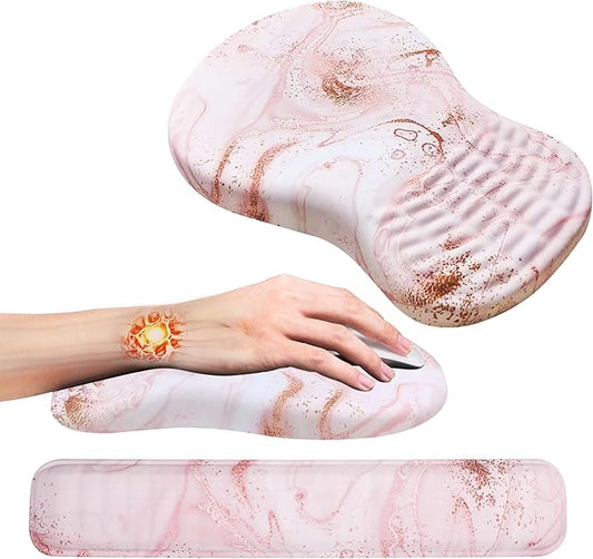 MEKASS Ergonomic Mouse Pad and Keyboard Wrist Rest Set, Super Soft Memory Foam Desk Wrist Support Cute for Computer Keyboard, Non-Slip Arm Rests Cushion for Typing Gaming Office Laptop (Pink Marble)