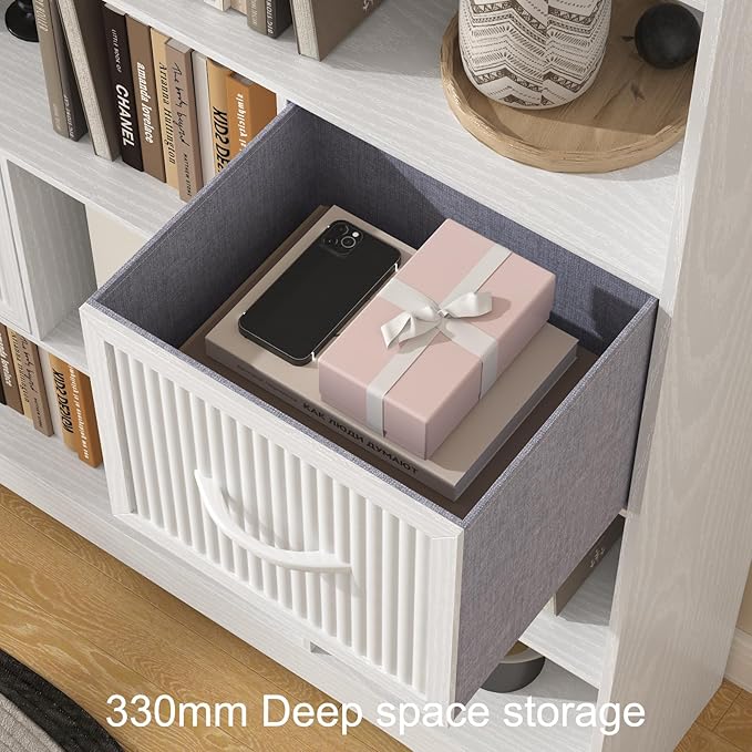 70" Tall Book Shelf and Bookcase, Tall Bookshelf with Storage, 48" Wide Modern Bookcase with Adjustable 3 Bins Storage, Large Bookshelf Wood 13" Deep Display Shelves for Living Room, Home Office,White