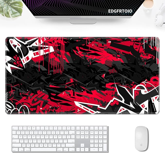 Gaming Mouse Pad, EDGFRTOIO Keyboard Mouse Pad 31.5x15.7 inch XXL Large Computer Laptop Cool Desk Mat with Non-Slip Rubber Base and Stitched Edge for Home Office Work, Black Red Graffiti