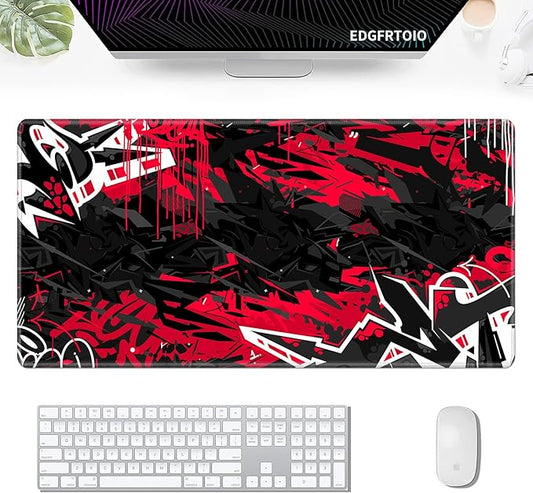 Gaming Mouse Pad, EDGFRTOIO Keyboard Mouse Pad 31.5x15.7 inch XXL Large Computer Laptop Cool Desk Mat with Non-Slip Rubber Base and Stitched Edge for Home Office Work, Black Red Graffiti