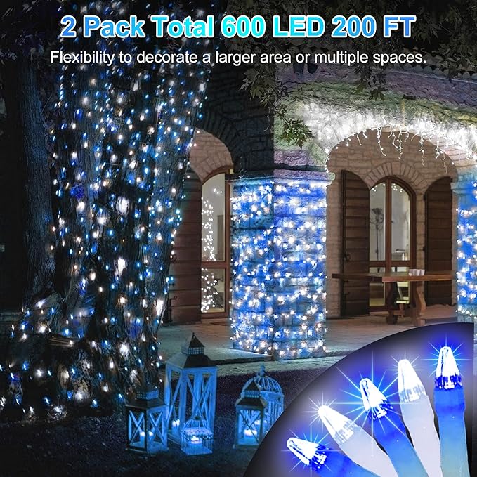 2 Pack Total 200FT 600 LED String Lights, Fairy Tree Lights Indoor Outdoor Connectable, 8 Modes & Timer Christmas Lights for Bedroom, Home, Tree, Yard, Door, Wedding, Xmas Decore (Cool White & Blue)