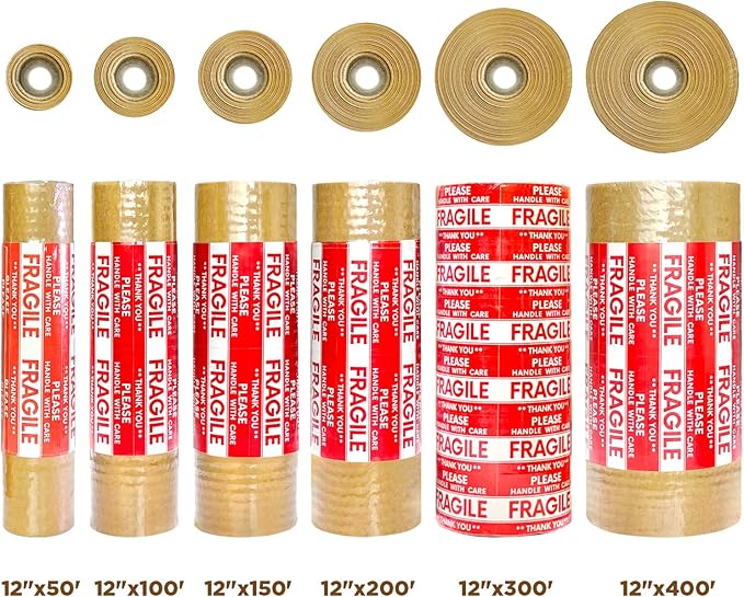 Honeycomb Packing Paper, 12"x200' Brown | Perforated Honeycomb Packing Paper Recyclable Moving Supplies for Shipping & Moving | Plastic-Free Alternative to Bubble Cushion Wrap with 36 Fragile Stickers