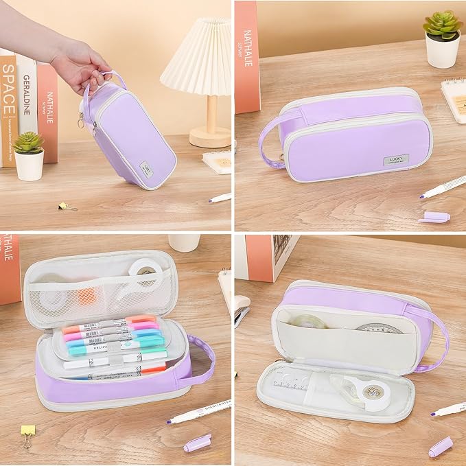 Pencil Case Large Zipper Pencil Pouch for Girls Kids Teens Adults Aesthetic Pencil Bag Stationery Organizer Pencil Case with Handle for School Purple
