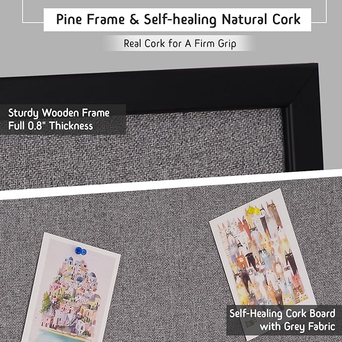 Gideal Bulletin Board 40x30 Inch, Cork Board with Grey Fabric and Pine Wood Frame, Cork Boards for Walls, Wall Mounted Fabric Notice Board for Home Office School, Vision Board and Message Organizer
