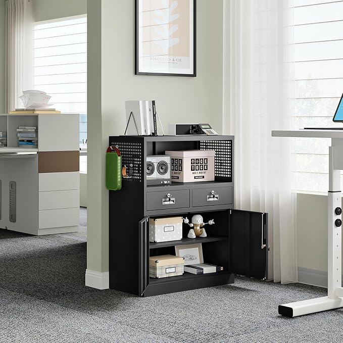 Yizosh Metal Storage Cabinet with 2 Drawers and Locking Doors,- 41.3" Steel Lockable Storage Cabinet with Shelves for Home Office,Garage,School (Black)