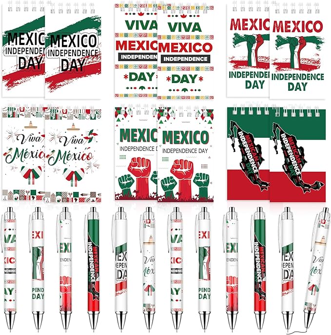24PCS Mexican Independence Day Mini Spiral Notepad and Pen Set,Viva Mexico Independence Journals Fiesta Ballpoint Pen Pocket Notepad Bulk Gifts Supplies for Dia De La Independencia Party