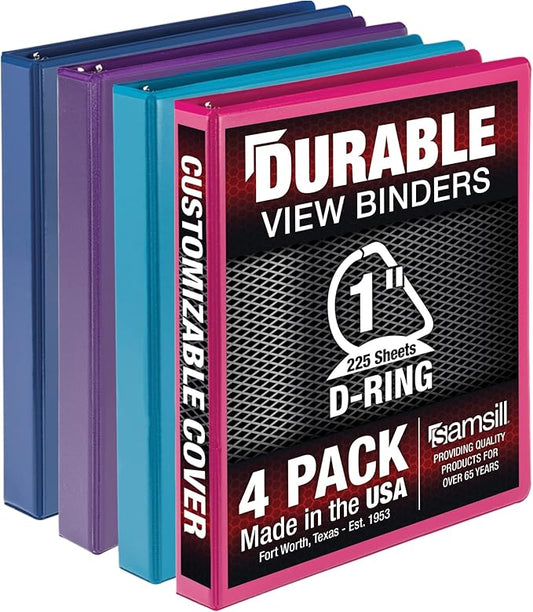 Samsill Durable 1 inch 3 Ring Binder, Made in USA, D Ring Binder, FSC 100% Recycled Chipboard, Fashion Assortment, 4 Pack