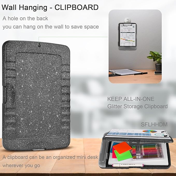 Glitter Clipboard with Storage,Storage Clipboard with Pen Holder,A4 Binder Clip Boards 8.5x11 with Low Profile Clip,Side Opening Sparkle Clipboards,Plastic Clipboards Folder for Office Supplies-Black