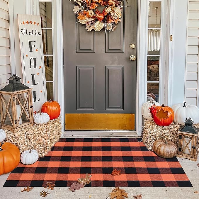 Fall Plaid Area Rug 3x5 Ft, Orange and Black Buffalo Check Large Farmhouse Cotton Rug, Hand-Woven Washable Indoor Outdoor Carpet for Halloween Thanksgiving Autumn Porch Patio Decor