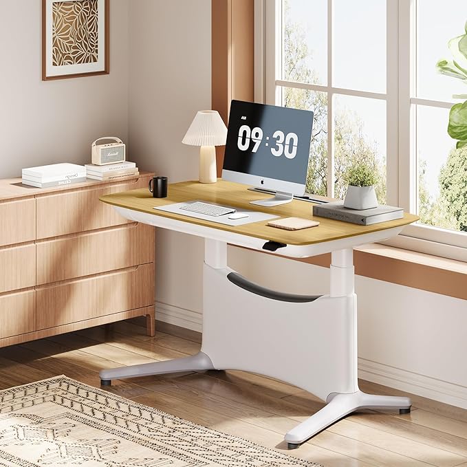 COLAMY Electric Adjustable Standing Desk – 48 x 28 Inch Sit Stand Desk with Drawer & Cable Management, Dual Motor Lift System, Ergonomic Footrest, Home Office Table (Veneer Desktop, Oak + White)