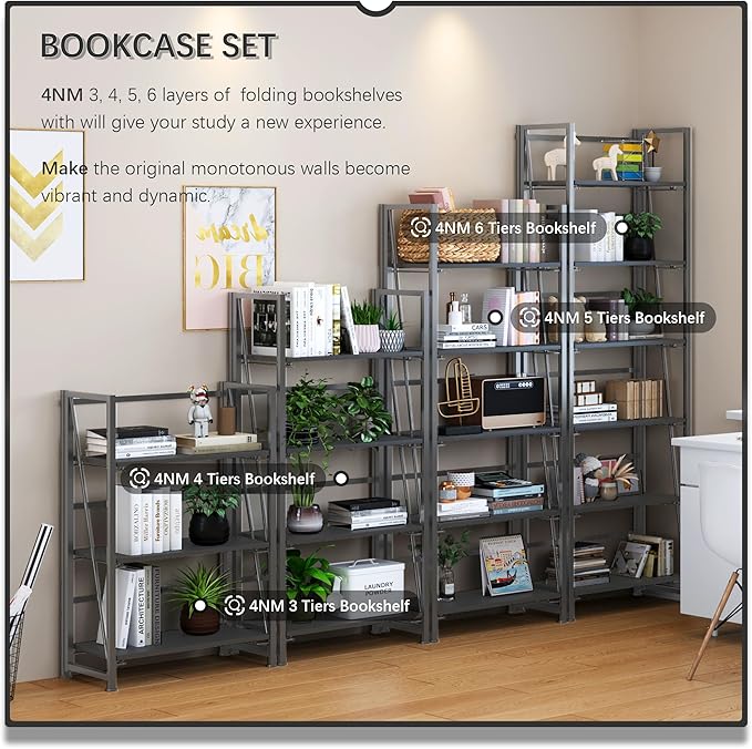 4NM No Assembly Folding Bookshelf, 6-Shelf 74" H Collapsible Foldable Bookcase Storage for Small Spaces, All Black