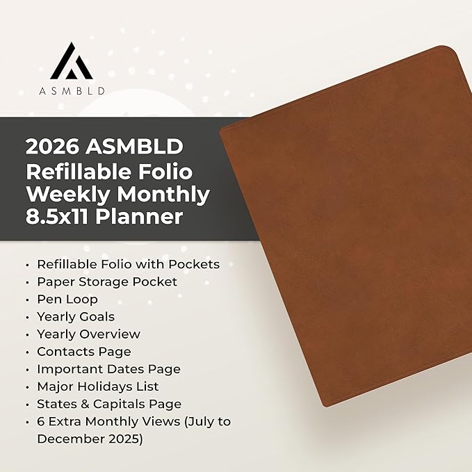 Blue Sky ASMBLD 2026 Weekly and Monthly Planner Calendar, January 2026 - December 2026, 8.5" x 11", Faux Leather Cover, Durable Twin Wire Binding, Storage Pocket, Laminated Tabs, Refillable, Pen Loop, Tan