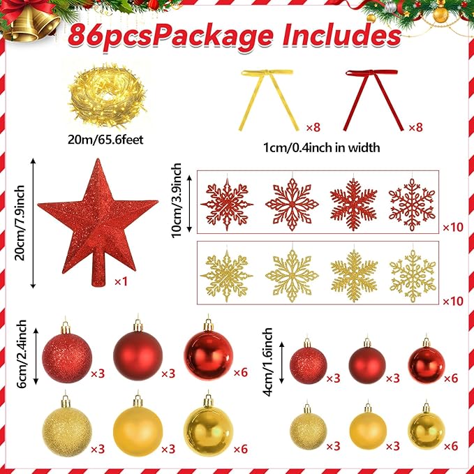 86Pcs Led Light Red and Gold Christmas Tree Decorations Set 100 Led Light Christmas Star Trees Topper with String Lights Xmas Balls Snowflakes Ornaments Bows Xmas Trees Decor 20m Light String