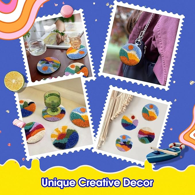 yuegool 6PCS Landscapes Punch Needle Coasters Kit,Easy DIY Punch Needle Embroidery Kit for Beginners Adults Kids Including Patterns, Tools, Yarns, Hoop, Instruction, Coaster Holder Art Craft Supplies