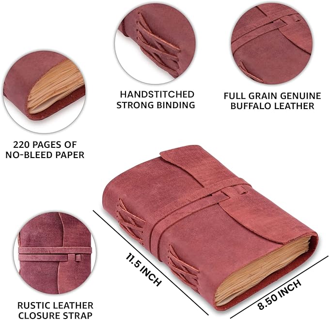 LEATHER VILLAGE Leather Bound Journal - Fuchsia, 11.5"X8.50", 220 Pages - Vintage Blank Paper Diary for Writing, Drawing, Sketchbook, and Travel Notebook - Ideal for Women and Men