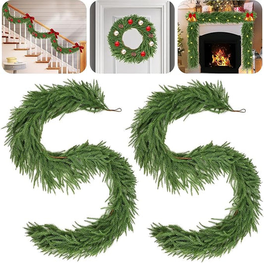 2 Pcs 6 Ft Norfolk Pine Garlands,Artificial Real Touch Christmas Greenery Garland Faux for Mantle, Table,Sairs,Wall,Indoor,Outdoor Christmas Decorations Holiday Xmas-Green
