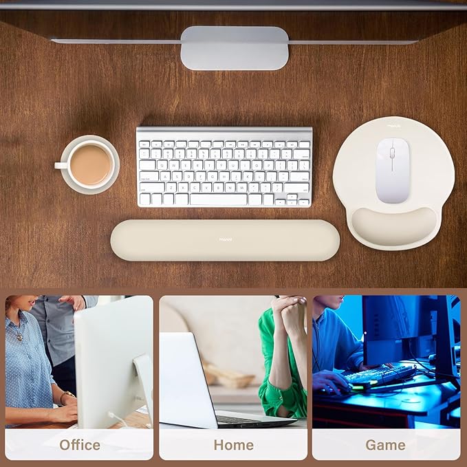 MOSISO Wrist Rest Support for Mouse Pad&Keyboard Set, Circle Curved Ergonomic Mousepad&Coaster Non-Slip Base Home/Office Pain Relief&Easy Typing Pad with Soft Cloth&Silicone Lining, Khaki