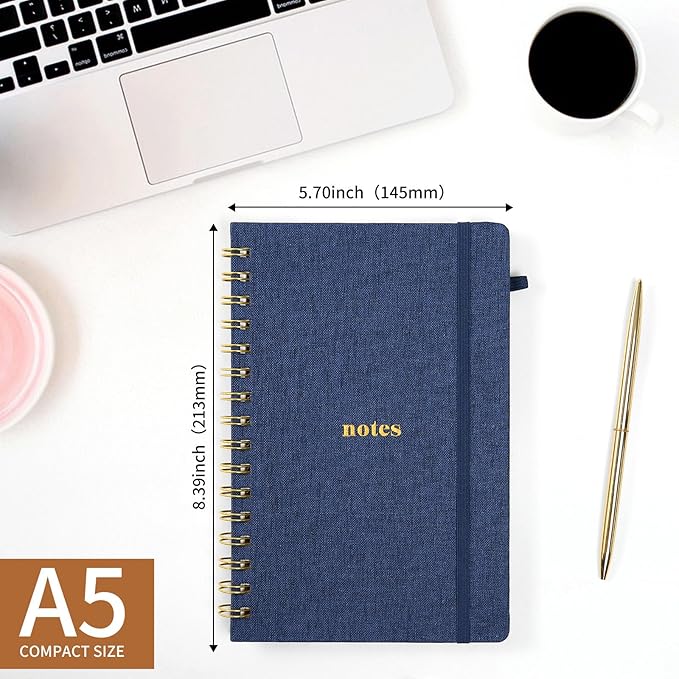 A5 Spiral Notebook – Hardcover Journal 160 Lined Pages 100 GSM Thick Paper With Elastic Band & Pen Holder College Ruled Writing Notebooks for Work School Travel Dark Blue