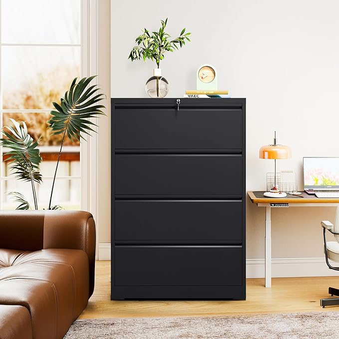 4-Drawer Lateral File Cabinet with Lock, Black Metal Filing Cabinet for Office or Home – Secure Storage for Letter/Legal/A4/F4 Documents, Easy to Assemble Locking File Organizer (Black, 4 Drawer-52"H)